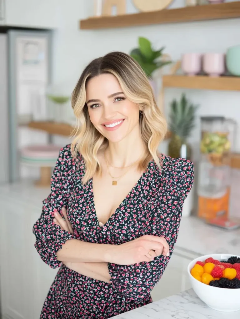 chef Emma1 A smiling chef in a floral dress with arms crossed, standing in a modern kitchen filled with fresh fruits and decorative elements.