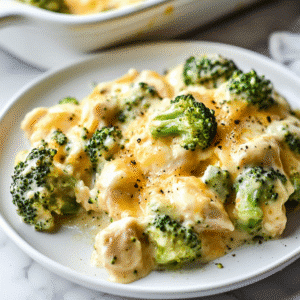 A close-up of a creamy chicken and broccoli casserole served on a white plate, topped with melted cheese and black pepper.