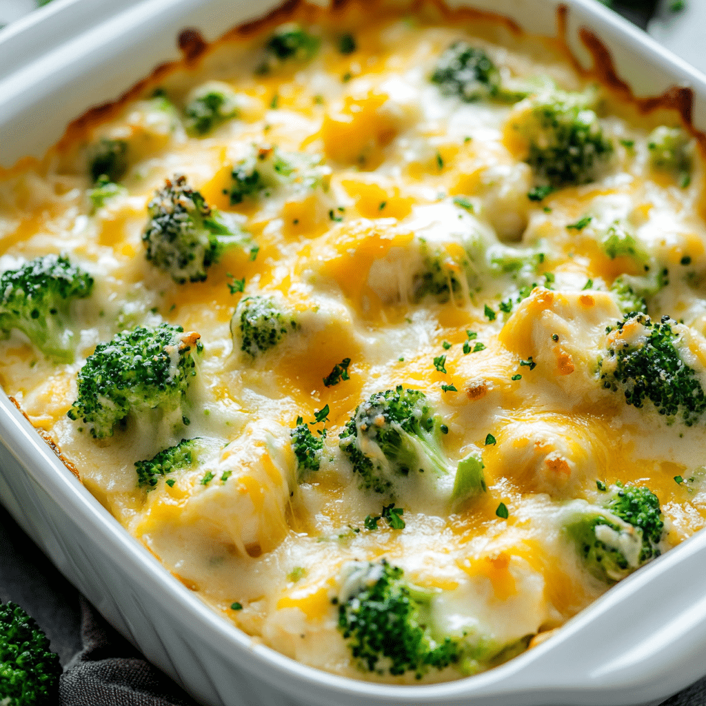 Low-carb baked chicken and broccoli casserole with melted cheese in a white dish