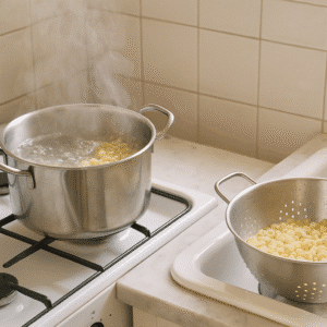 Boiling elbow macaroni in a stainless steel pot on a gas stove and draining it in a metal colander in the kitchen sink