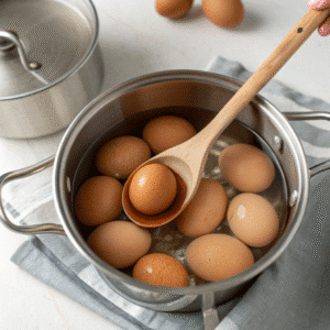 Brown eggs being boiled in a stainless steel pot with one lifted on a wooden spoon