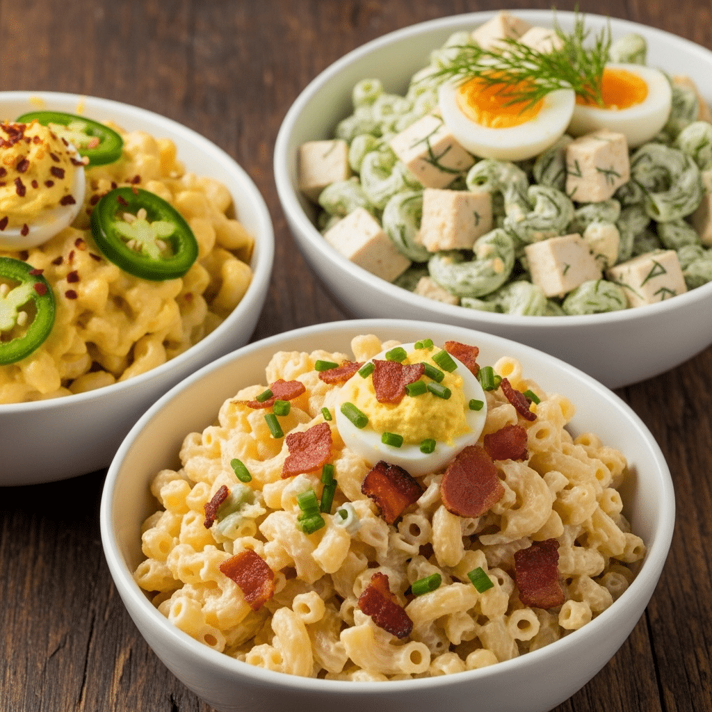 deviled egg macaroni salad variations with spicy, vegan, and bacon options