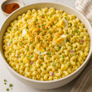 Creamy deviled egg pasta salad with elbow macaroni.
