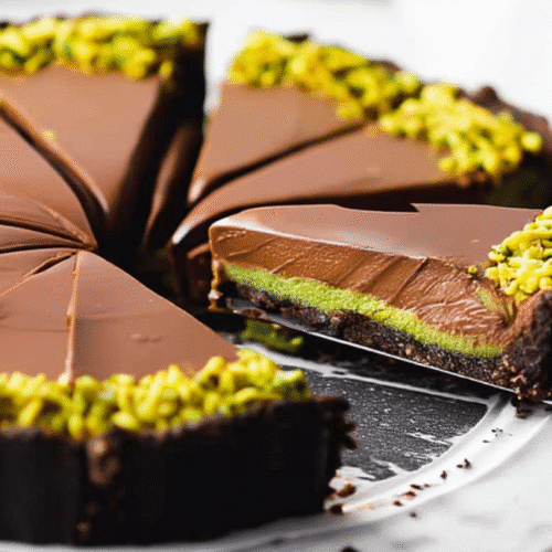 Easy Pistachio Tart with Chocolate and Cream Layers topped with crushed pistachios
