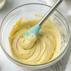 Whisked mixture of mayonnaise, mustard, vinegar, salt, and pepper in a large glass mixing bow