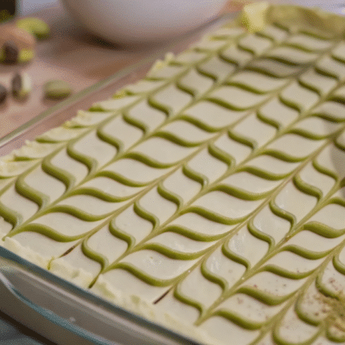 Close-up of pistachio tiramisu dessert on a plate with green pistachio layers