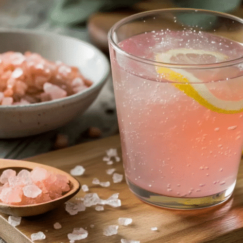 Glass of homemade pink salt Mounjaro detox drink on kitchen counter