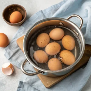 "Brown eggs boiling in a stainless steel pot, set on a wooden cutting board with a blue cloth, showcasing the first step in preparing a high protein egg salad.