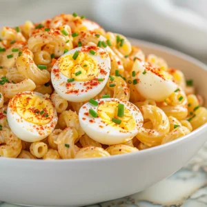 high-protein deviled egg pasta salad with creamy dressing, paprika, and chives