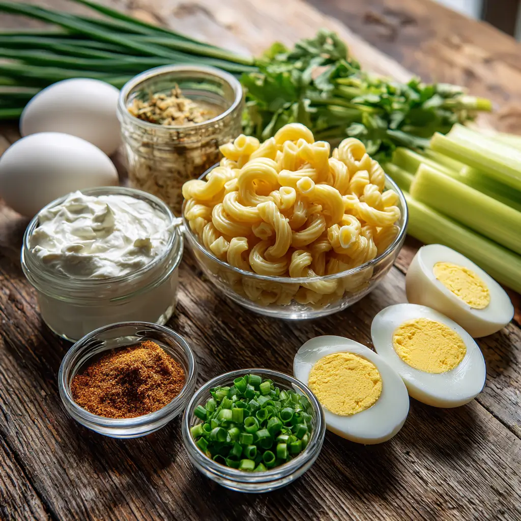 fresh ingredients for high-protein deviled egg pasta salad on a rustic counter