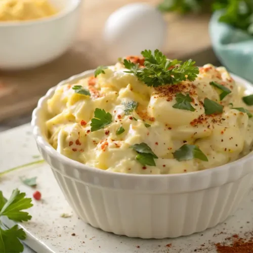high protein egg salad in white bowl with parsley garnish