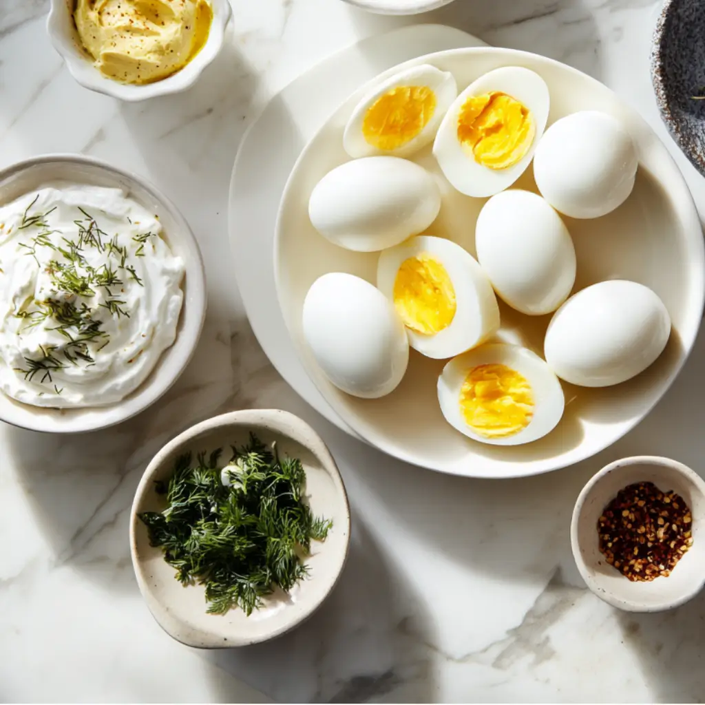 ingredients for high protein egg salad including eggs and Greek yogurt