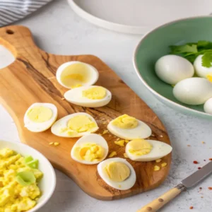 Sliced hard-boiled eggs on a wooden cutting board with ingredients