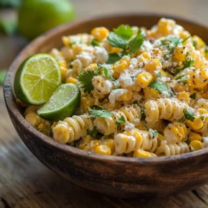 Bowl of Mexican street corn pasta salad with rotini, grilled corn, cotija cheese, fresh cilantro, and lime wedges.